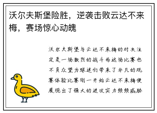 沃尔夫斯堡险胜，逆袭击败云达不来梅，赛场惊心动魄